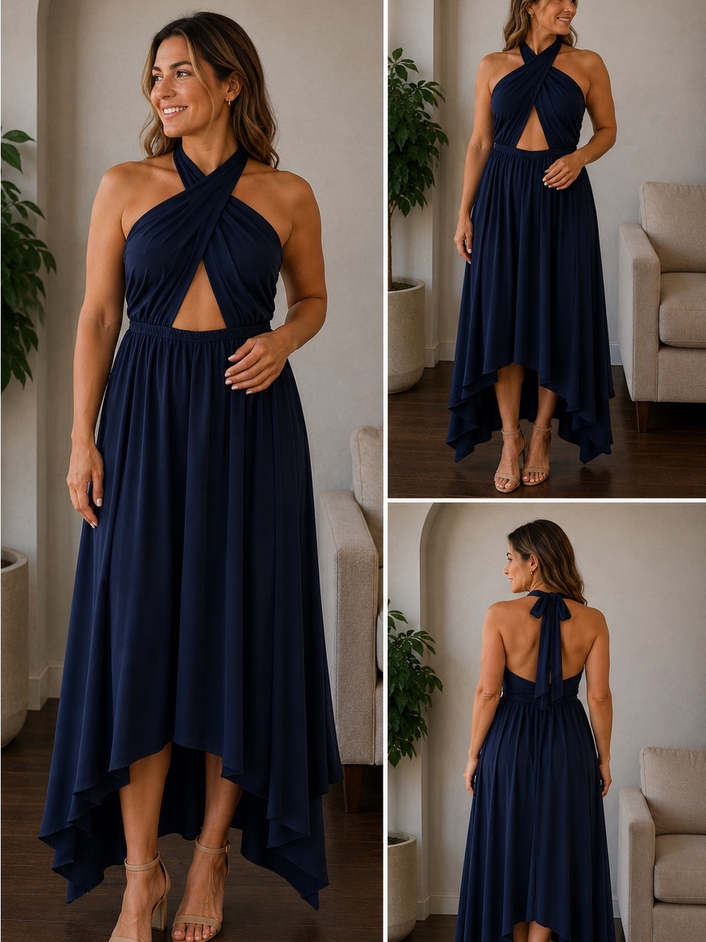 Navy Halter Twist Front High-Low Dress